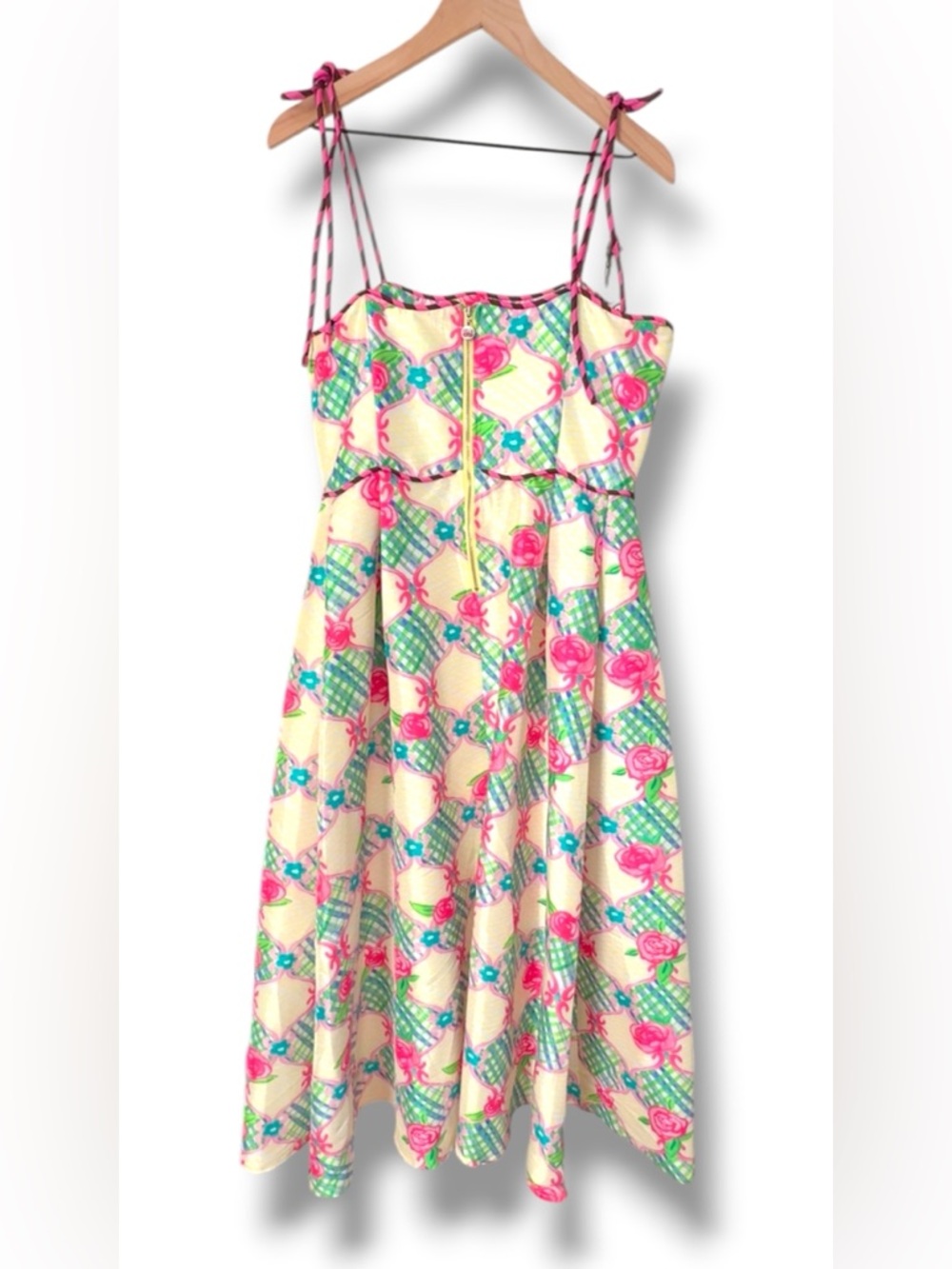 Celia B NWT Palau Midi Dress Pink Rose Blue Gingham Spaghetti Strap Full Dress L - Picture 6 of 16